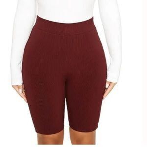 NWT Naked Wardrobe Snatched Dark Red Ribbed Stretchy Shorts Women's Small